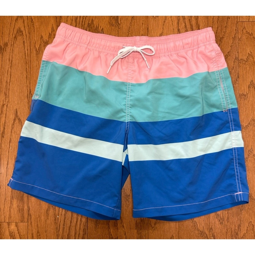 Maamgic Swim Trunks Mens M  Blue Pink Green Colorblock  Mesh Liner Drawstring